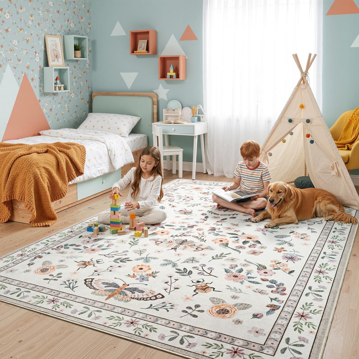Foxmas Washable Area Rugs for Living Room, 5x7 Non-Slip Butterfly Floral Print Throw Rug, Low Pile Modern Indoor Floor Rug, Carpet for Bedroom Dining Room Laundry Room Kitchen Home Office，Beige
