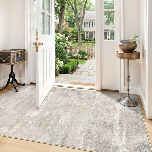 Living Room Area Rugs 4x5 - Modern Abstract Washable Bedroom Rugs with Non Slip Backing Soft Low Pile Carpet for Kitchen Office Nursery Indoor Home Decor Floor Mat for Bathroom 4x5 Beige