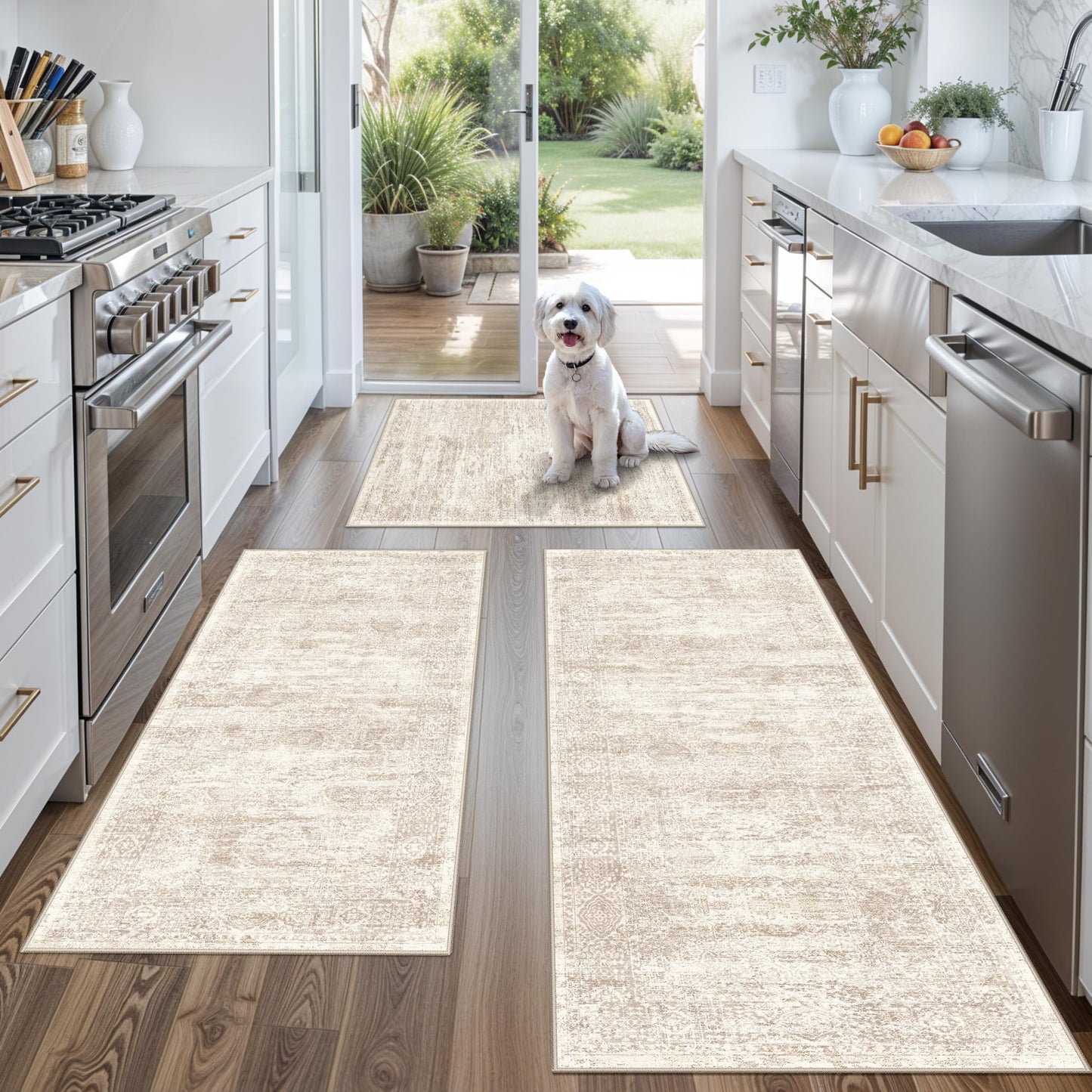 Kitchen Rug Sets 3 Piece Washable – Non Slip Modern Boho Small Kitchen Rugs and Runner Set for Sink Entryway Bathroom Hallway – Soft Low Pile Floor Mats (Cream Beige, 2x3+2x4+2x5)