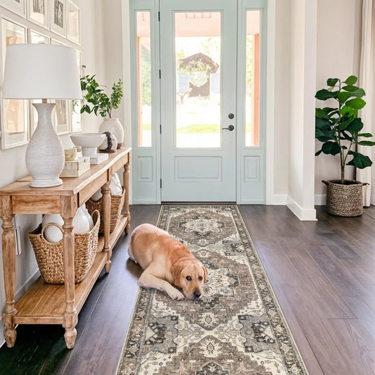 Washable Hallway 3x12 Runner Rug - Non-Slip Kitchen Entryway Rugs with Rubber Backing Vintage Soft Stain Resistant Carpet for Bedroom Indoor Ultra-Thin Home Decor Mat for Living Room (Beige,3x12)