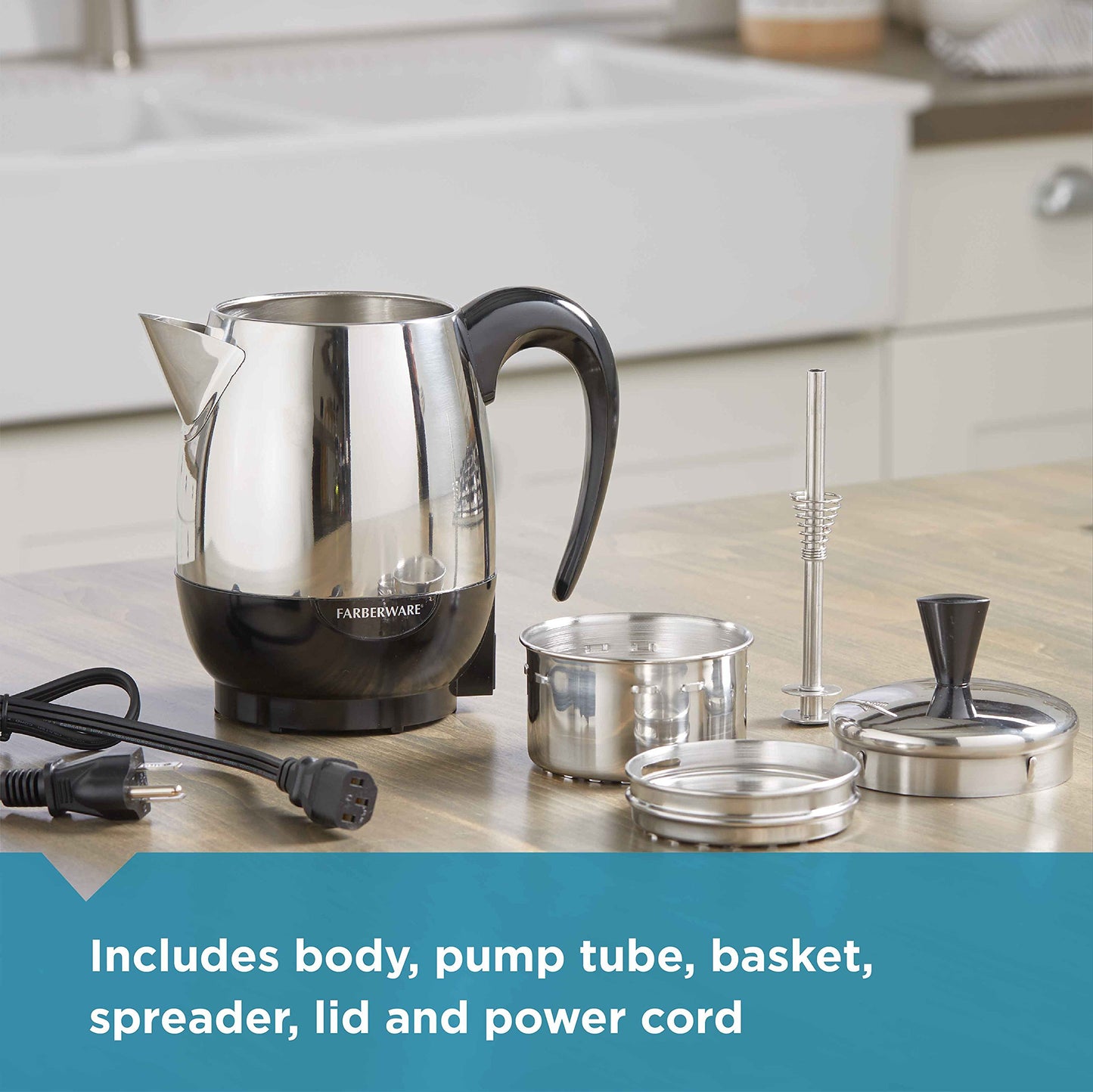 Farberware Electric Coffee Percolator, FCP240, Stainless Steel Basket, Automatic Keep Warm, No-Drip Spout, 4 Cup, Black/Silver