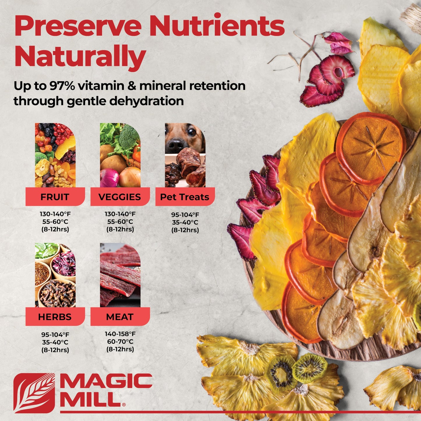 Magic Mill Food Dehydrator Machine | 5 Stackable Stainless Steel Trays, 48H Digital Adjustable Timer & Temperature Control Upto 167° Electric Dryer & Preserver for Jerky, Fruit, Dog Treats & Much More