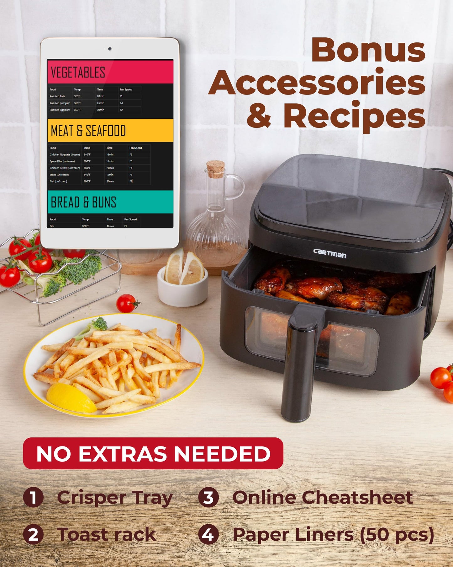 Cartman 4QT Compact Air Fryer, Ultra-Flat 6.7" Height Small Airfryer, Adjustable Airflow Design, Viewing Window, Up to 450℉, 7 Presets Touchscreen, Portable Air Fryer, Black