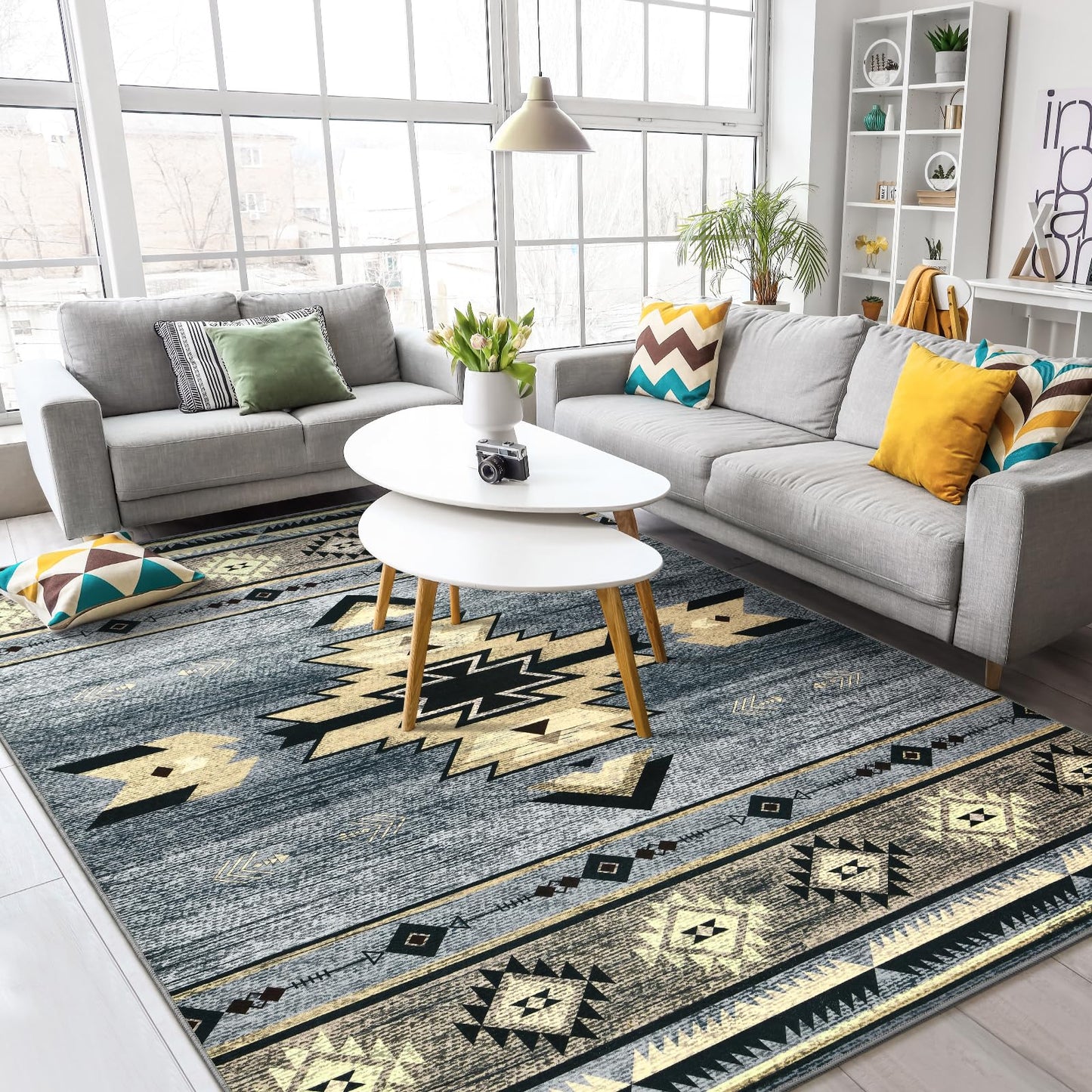B BENRON Western Rugs for Living Room, Non Slip Rustic Rug for Bedroom Dining Table Kitchen, Washable Aesthetic Area Rugs for Home Decor, 5ft x 7ft, Grey