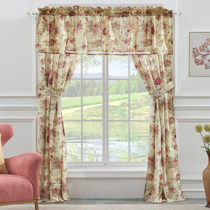 Greenland Home Antique Rose 100% Cotton Window Treatment, Panel Pair + Valance, Ecru