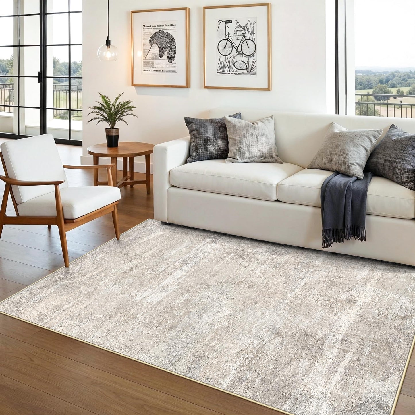 Living Room Area Rugs 4x5 - Modern Abstract Washable Bedroom Rugs with Non Slip Backing Soft Low Pile Carpet for Kitchen Office Nursery Indoor Home Decor Floor Mat for Bathroom 4x5 Beige