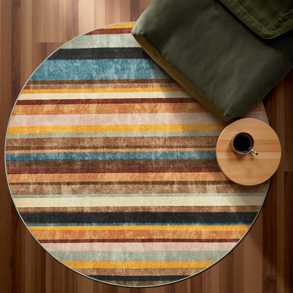 jinchan Round Rug 5ft Area Rug Modern Striped Rug Washable Rug Soft Large Indoor Floor Cover Non Slip Colorful Carpet for Bedroom Kitchen Dining Room Home Office, Pine Dawn