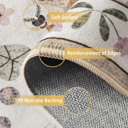 Foxmas Washable Area Rugs for Living Room, 5x7 Non-Slip Butterfly Floral Print Throw Rug, Low Pile Modern Indoor Floor Rug, Carpet for Bedroom Dining Room Laundry Room Kitchen Home Office，Beige