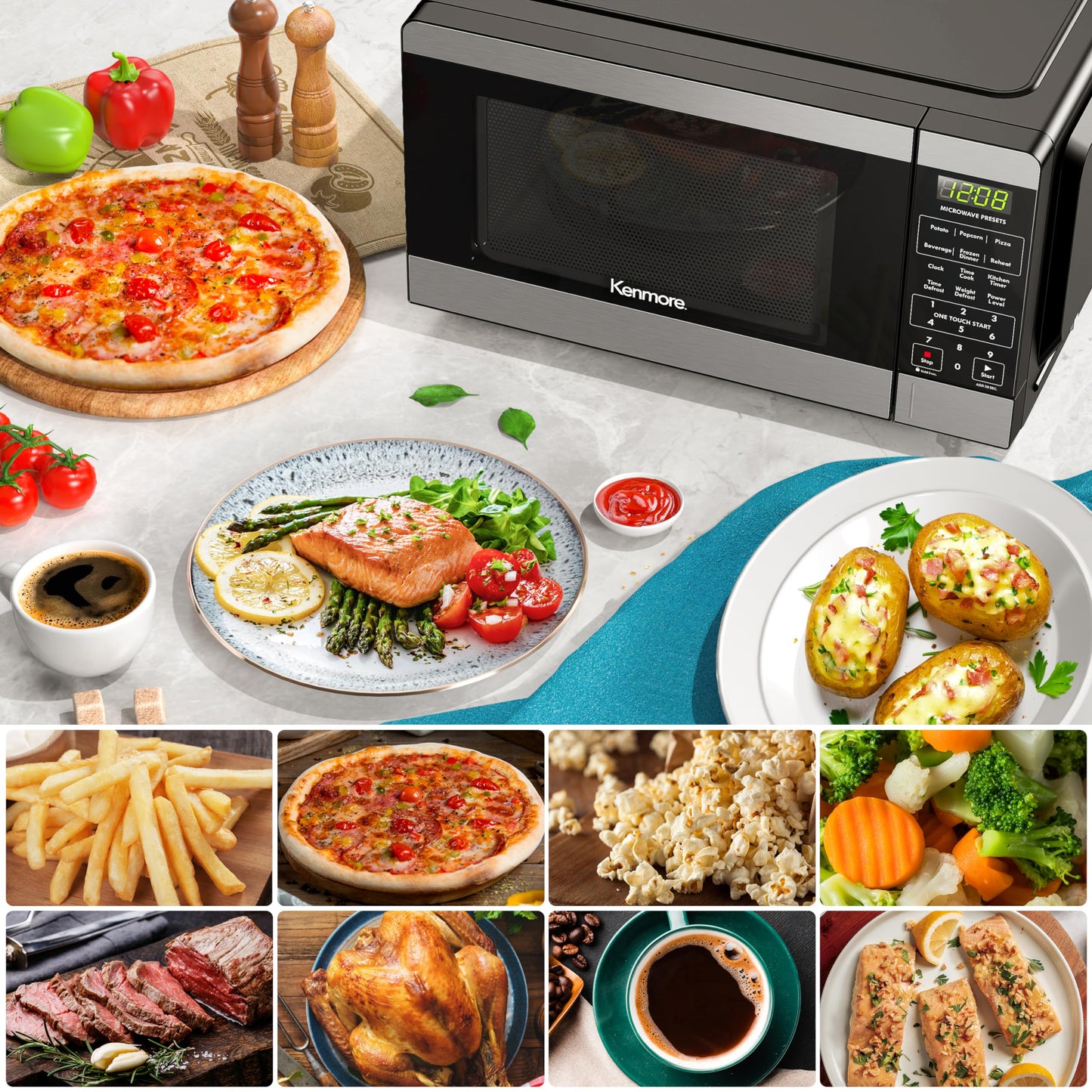 Kenmore Countertop Microwave, 6 Auto-Preset Menus, Child Lock, Defrost & Express Cooking Features, 900 Watt, .9 Cu Ft, Stainless Steel