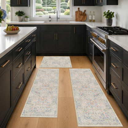 JTJ Washable Kitchen Rugs Sets of 3, Beige Blue Non-Slip Mats with Vintage Botanical Cottage Design, Soft Low-Pile Floor Rug for Sink, Entry and Everyday Home Spaces