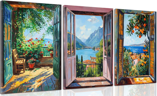 3Pcs Open Window Seascape Canvas Wall Art Modern Coastal Landscape Painting Picture Wall Decor Vintage Mediterranean Coastline View Print Artwork for Livingroom Kitchen Bedroom Home Decoration