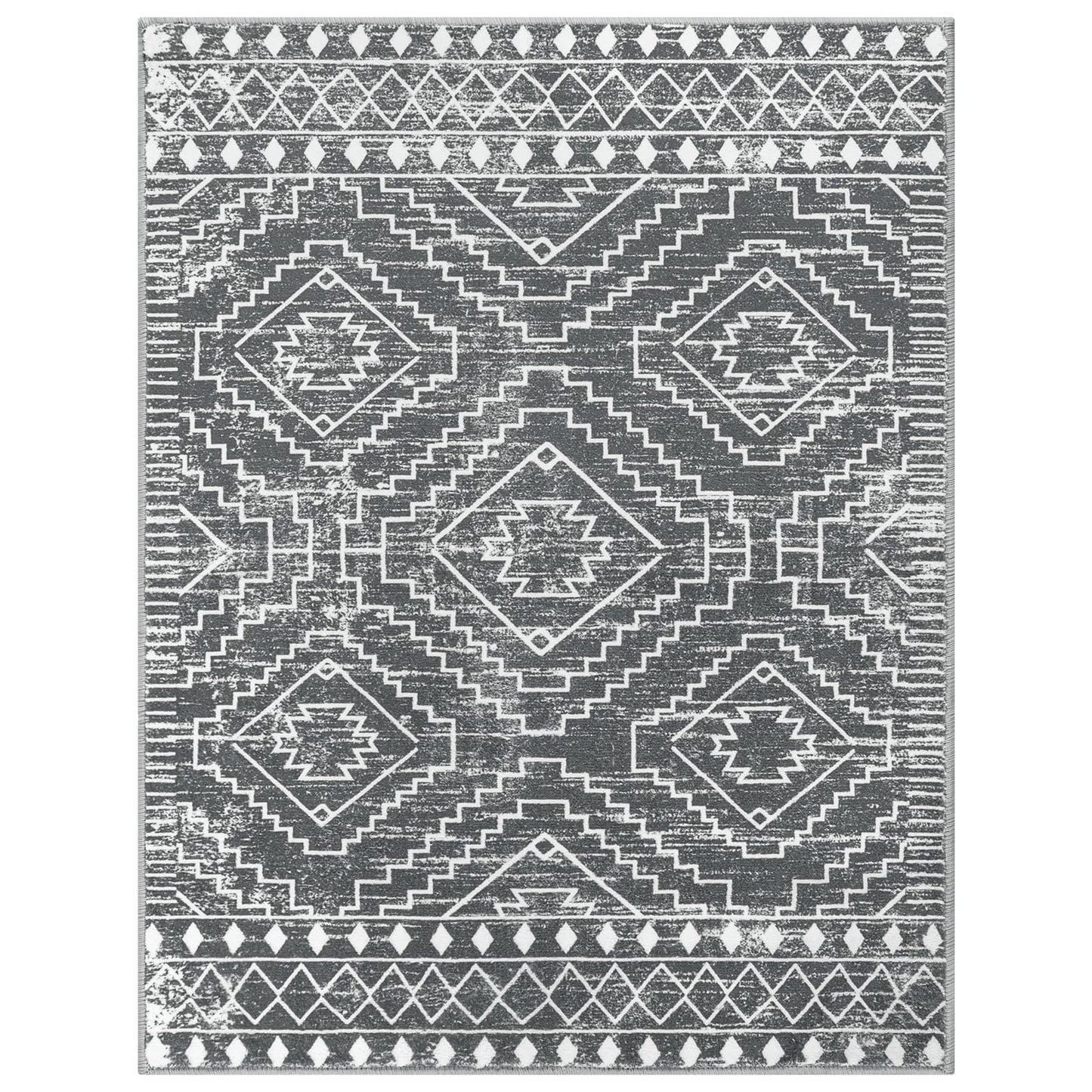 Wonnitar Moroccan 5x7 Washable Rug, Large Grey Area Rug for Living Room, Non-Slip Boho Bedroom Carpet Thin Soft Non-Shedding Farmhouse Rug for Dining Room Table Kitchen Home Office (Dark Grey,5'x7')