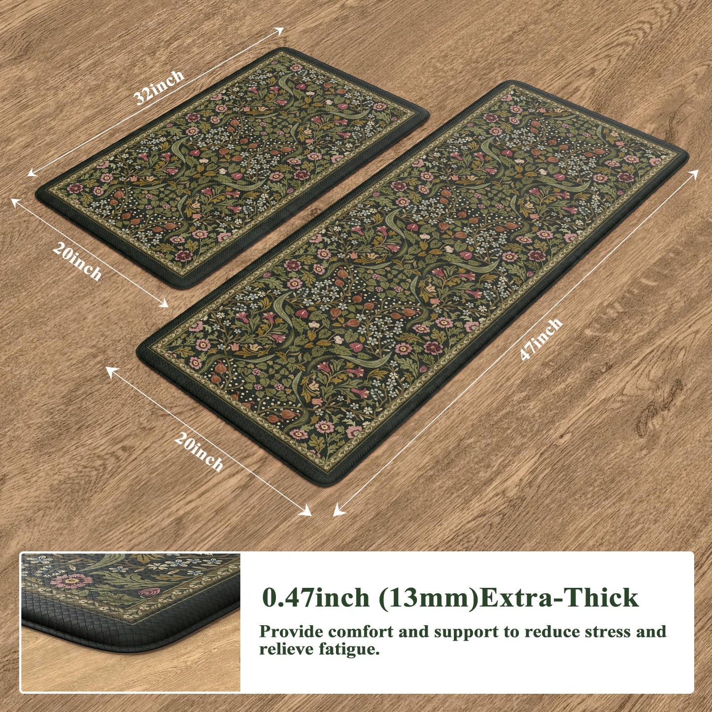 Collive Kitchen Mats for Floor 2PCS, Cushioned Anti Fatigue Rugs Non-Slip Waterproof Kitchen Sink Mat, Green Floral Standing Mat for Bar, Office, Desk, Home Decor