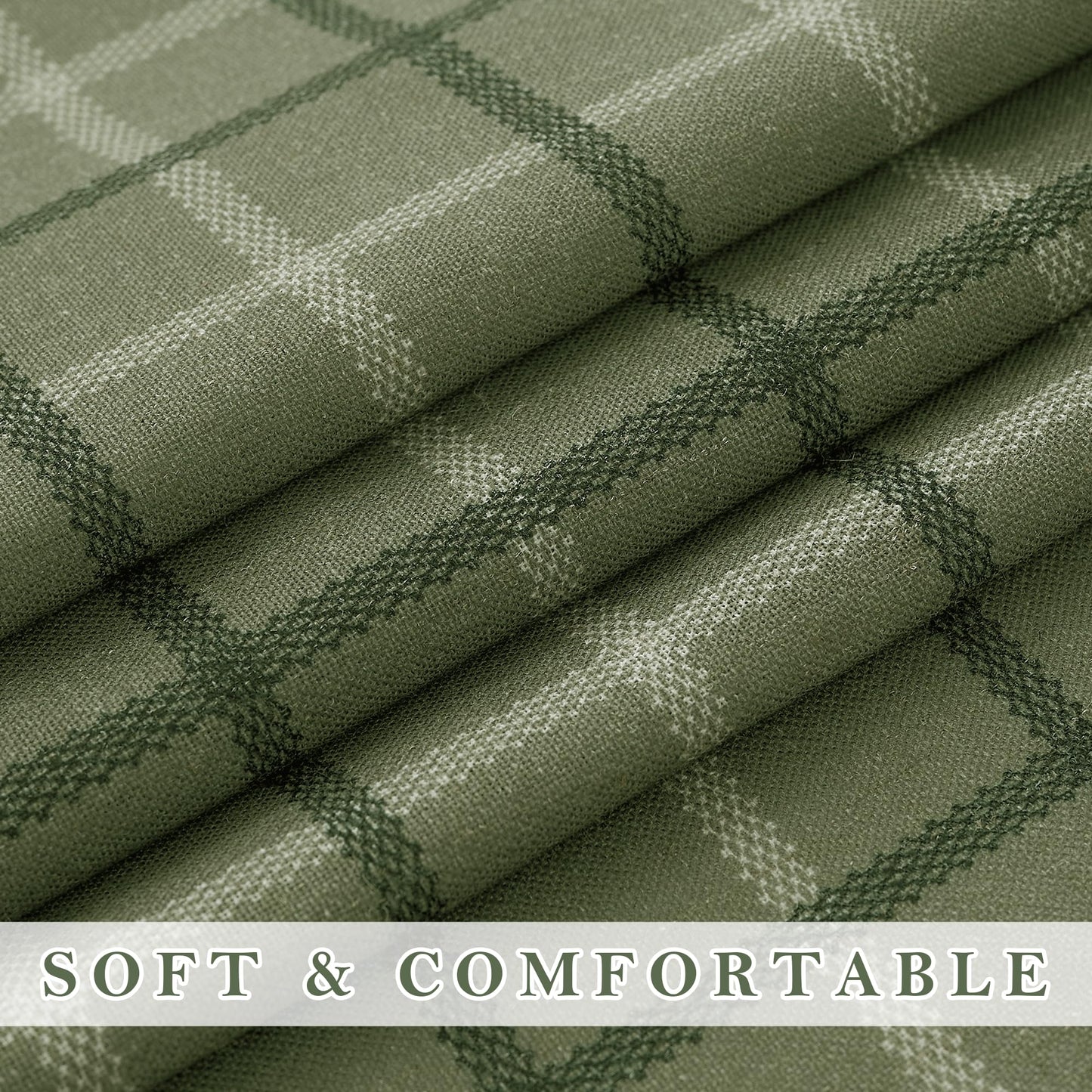 RYB HOME Green Plaid Curtains for Living Room Dining Room, Linen Blend Light Filtering Semi-Sheer Privacy Farmhouse Checkered Window Treatment for Kitchen Bedroom, W52 x L96 Inch, 2 Panels