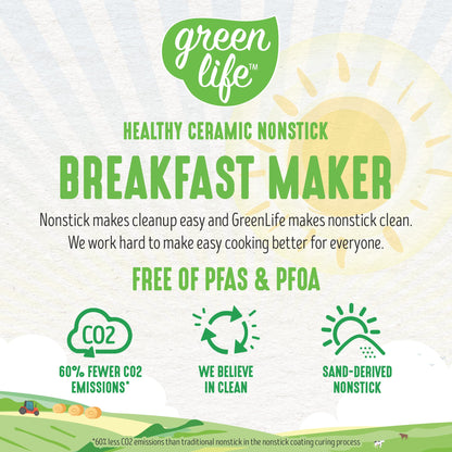 GreenLife 3-in-1 Breakfast Maker Station, Healthy Ceramic Nonstick Dual Griddles for Eggs Meat Sausage Bacon Pancakes and Breakfast Sandwiches, 2 Slice Toast Drawer, Easy-to-use Timer, Pink