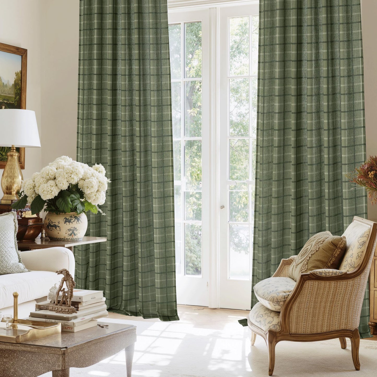 RYB HOME Green Plaid Curtains for Living Room Dining Room, Linen Blend Light Filtering Semi-Sheer Privacy Farmhouse Checkered Window Treatment for Kitchen Bedroom, W52 x L96 Inch, 2 Panels