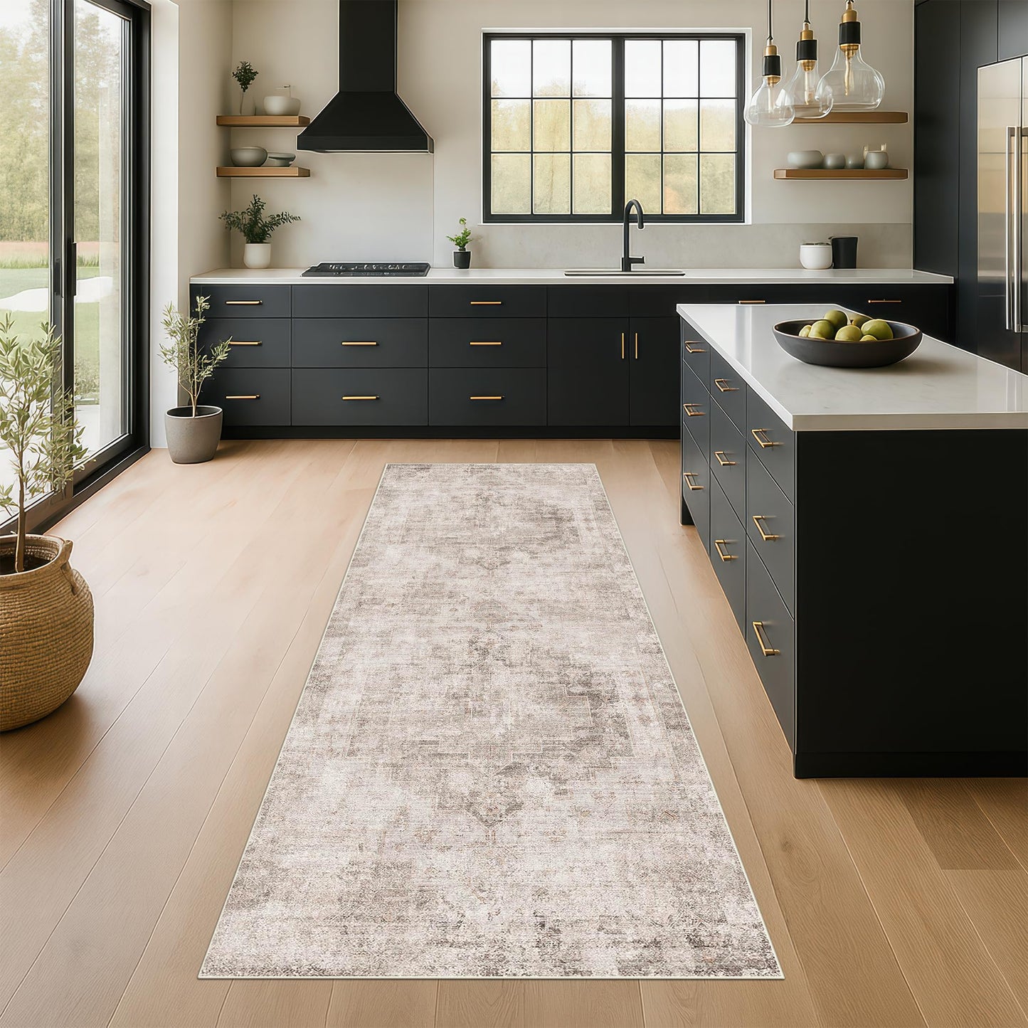 Beige Brown 2'6''x8' Bathroom Runner Rug, Washable Non-Slip 8ft Long Hallway Runner Rug for Entryway, Kitchen, Abstract Modern Home Décor