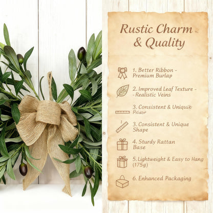 26" Farmhouse Olive Leaf Greenery Swag with Premium Burlap Bow, Realistic Faux Olive Branch Door Decor for Front Door, Wall, Mantel, Table, Kitchen, Bathroom, Weddings & Seasonal Styling, Green 2Pcs