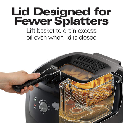 Hamilton Beach Cool Touch Electric Deep Fryer with Basket and Lid, 2 Liters / 8 Cups Oil Capacity, Adjustable Temperature, 1500 Watts for Fast Heat-up, viewing Window Easy to Clean, Black (35021)