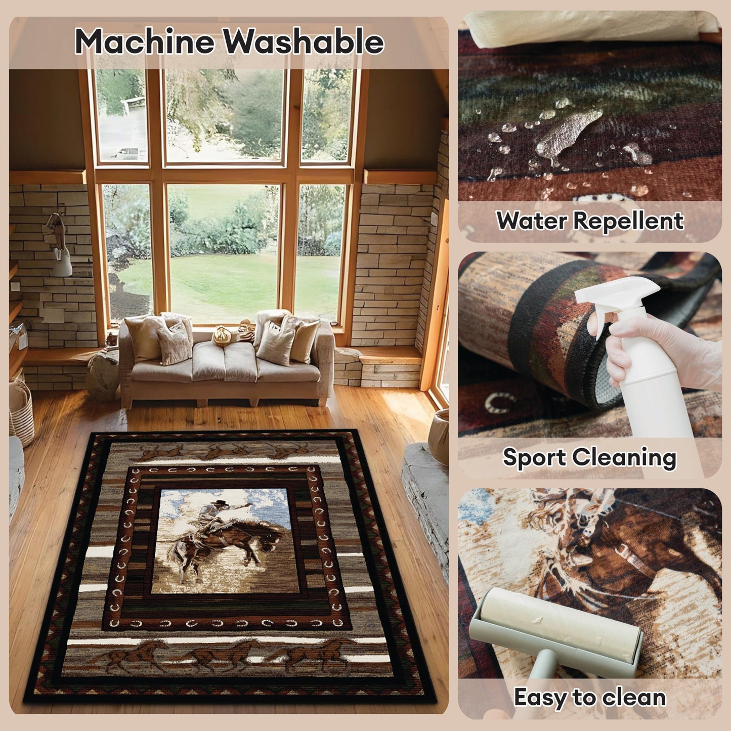 ACANTILA Texas Cowboy Area Rug for Farmhouse Western Decor, 3x5 ft Machine Washable, Southwestern Rugs, Non-Slip Low Pile Indoor Floor Carpet for Bedroom Dining Room Kitchen Home Office