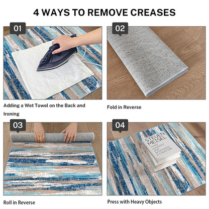 Lansny Modern Abstract Runner Rug 2.6x10, Blue Washable Long Kitchen Runner Non-Slip Soft Hallway Rug Runner Thin Print Faux Wool Carpet for Entryway Bedroom Laundry Room Indoor Home Decor