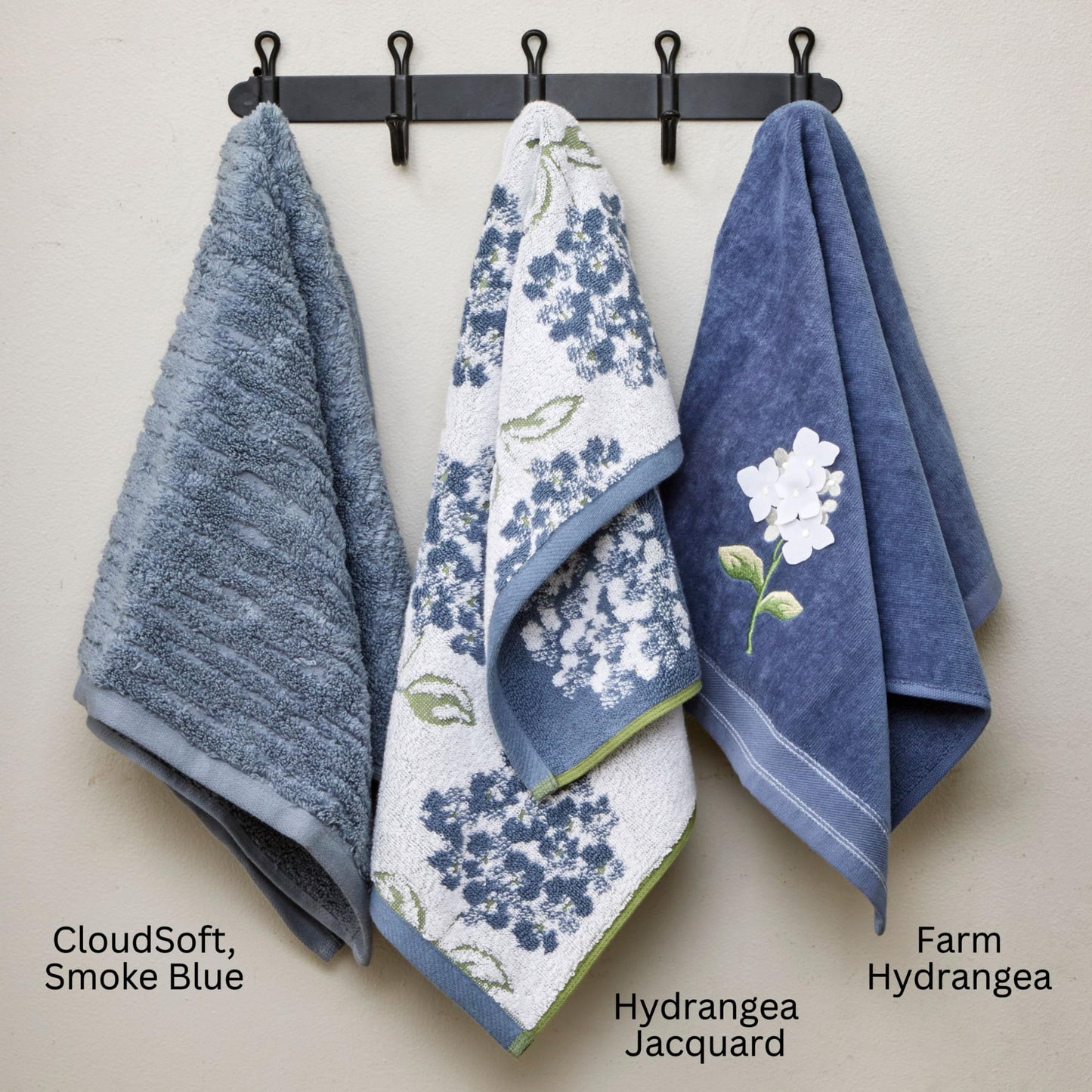 SKL Home Farm Hydrangea 100% Cotton 3D Embroidered 2pc Hand Towel Set, Decorative for Bath/Kitchen/Bar & Gift, Blue
