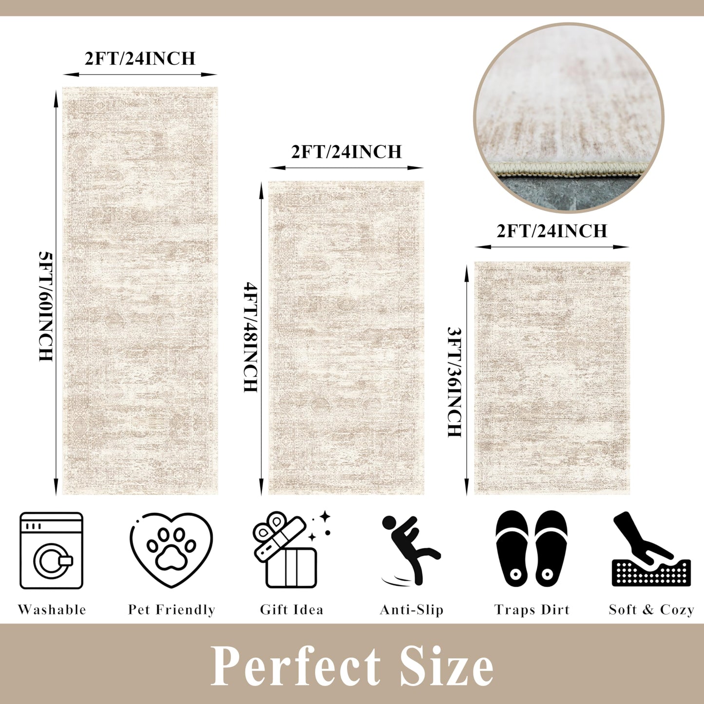 Kitchen Rug Sets 3 Piece Washable – Non Slip Modern Boho Small Kitchen Rugs and Runner Set for Sink Entryway Bathroom Hallway – Soft Low Pile Floor Mats (Cream Beige, 2x3+2x4+2x5)