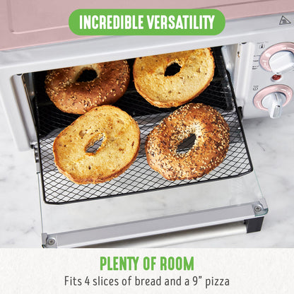 GreenLife Countertop Toaster Oven Air Fryer Stainless Steel, Healthy Ceramic Nonstick, PFAS Free, Tray & Basket, Bake, Broil, Reheat, Adjustable Temp & Time Control, Auto Shutoff, Pink