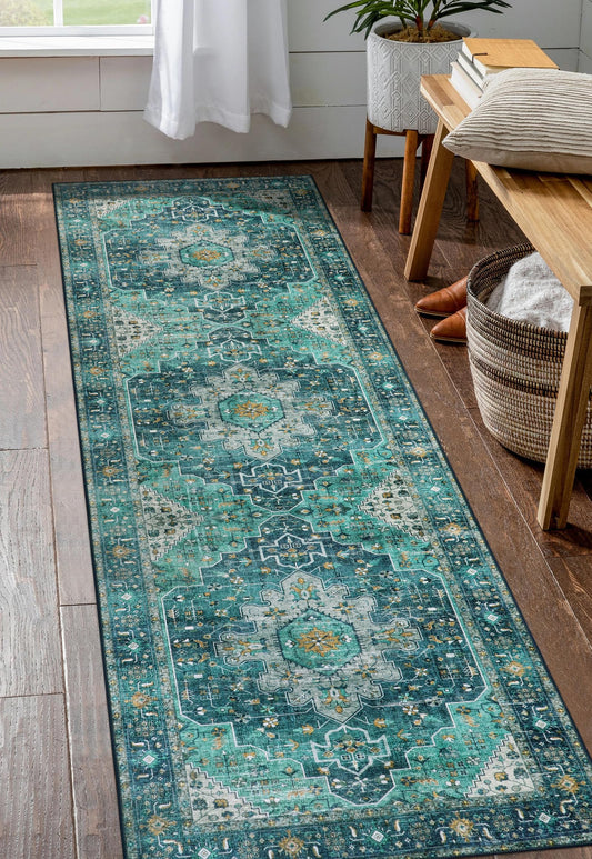 Moynesa Ultra-Thin Washable Vintage Runner Rug - 2'6"x8 Boho Hallway Kitchen Runner Oriental Medallion Bedside Mat Non-Slip Non-Shedding Indoor Throw Carpet for Laundry Entrance, Teal/Mutil