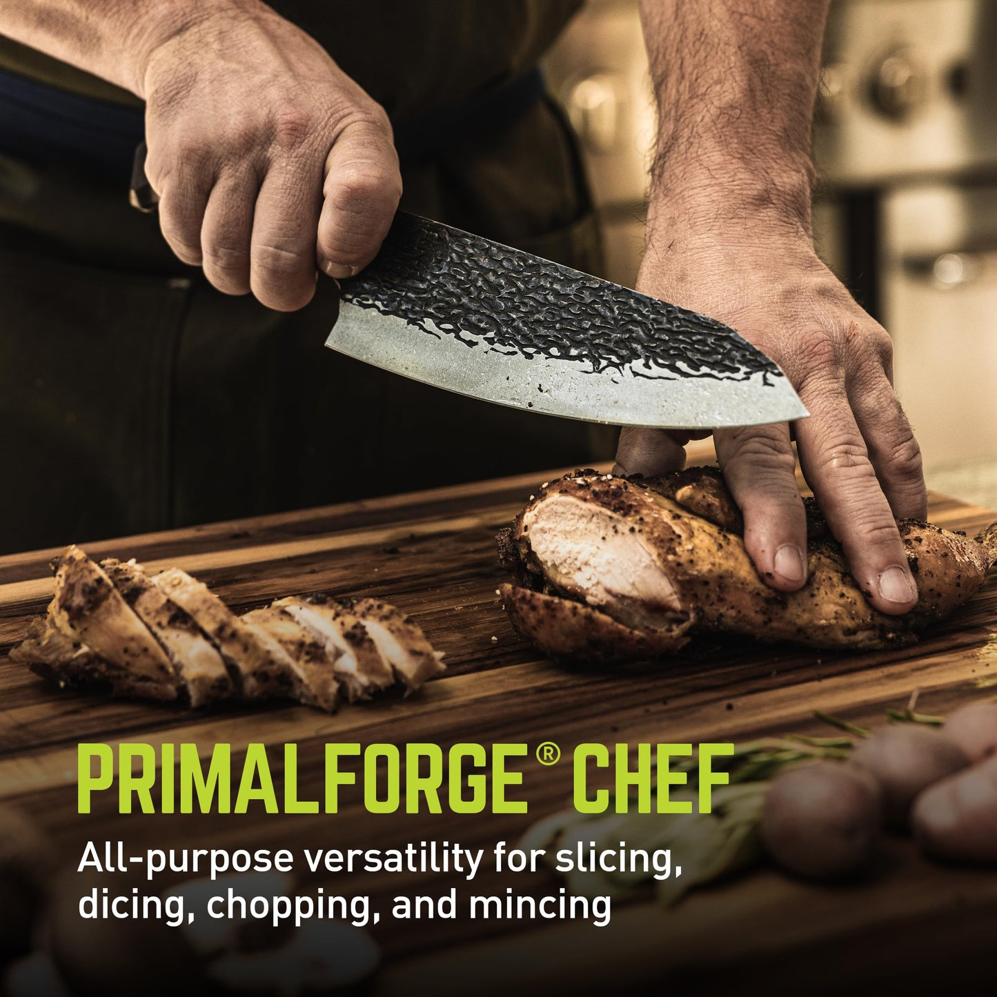 TRUE PrimalForge Chef Knife | All-Purpose Knife, Slice Dice Chop & Mince, Home & Professional, Rugged Stonewash Finish, Sharp 5Cr15MoV Stainless-Steel, Wood Handle, Hand Forged Appearance