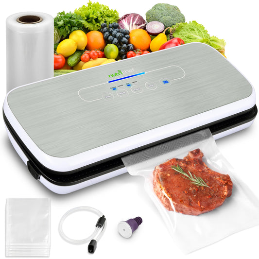 NutriChef Food Vacuum Sealer Machine - Automatic Air Sealing System for Dry & Moist Foods, LED Touch Controls, Includes Vacuum Bags, Hose & Wine Stopper, High Suction Power, 14"x6"x3", Silver