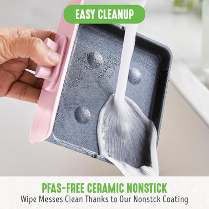 GreenLife 3-in-1 Breakfast Maker Station, Healthy Ceramic Nonstick Dual Griddles for Eggs Meat Sausage Bacon Pancakes and Breakfast Sandwiches, 2 Slice Toast Drawer, Easy-to-use Timer, Pink