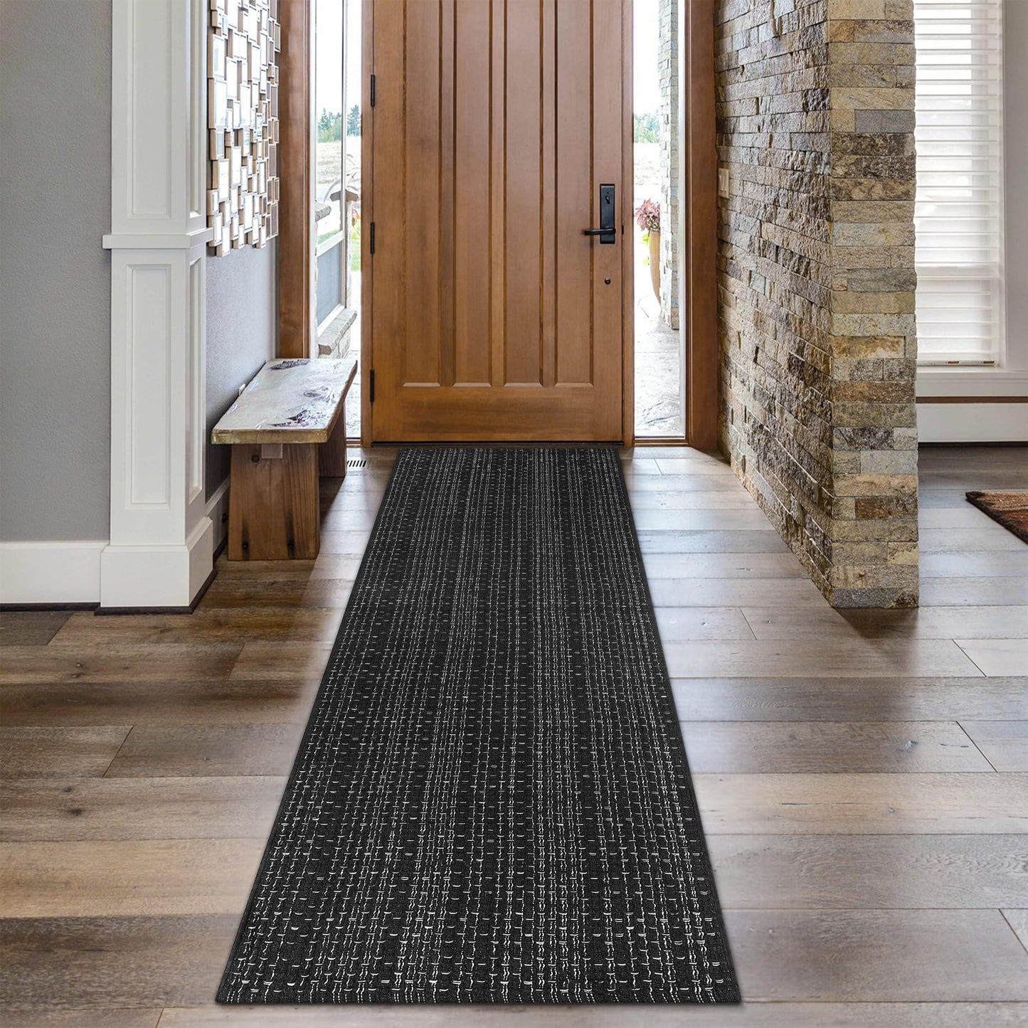 Nailttos Hallway Runner Rug 2'x 8', Woven Cotton Black Bathroom Rug, Reversible Woven Washable Rug Indoor Outdoor Rug Carpet for Kitchen Bathroom Laundry Room Home Decor