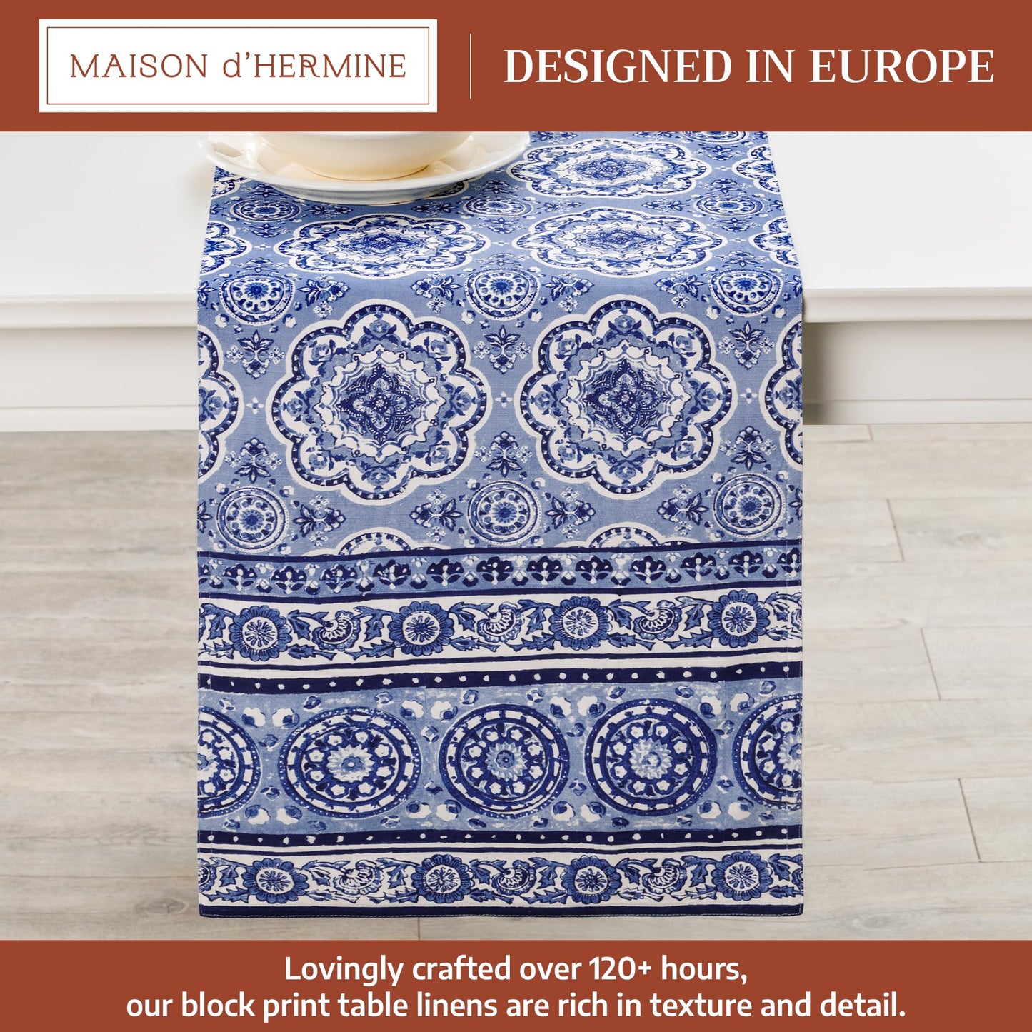 Maison d' Hermine Table Runner 100% Cotton Double Layer Table Runners 108 inches Long Decorative for Home Kitchen Dining Party Gifts for Mothers Day Spring Summer (Melodie Bleue )