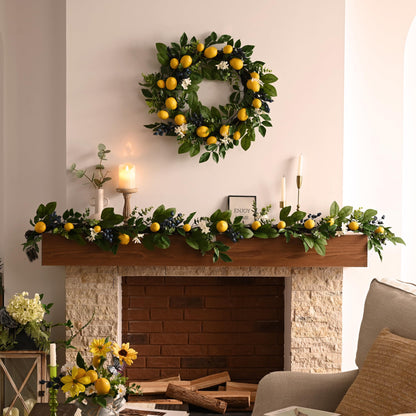 Valery Madelyn 6ft Pre-Lit Lemon Garland with Greenery, Thick Spring Summer Garland for Mantle with Lights, Artificial Fruit Vine for Stairs Fireplace Table, Farmhouse Kitchen Home Wall Party Decor