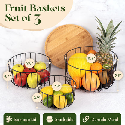 Fruit Basket for Kitchen Counter Set of 3 - Large Stackable Baskets with Bamboo Lid - Fruit Bowl, Perfect Holder For Fruits and Vegetable Storage -Keep Your Countertop Classy, Tidy and Slightly Fruity