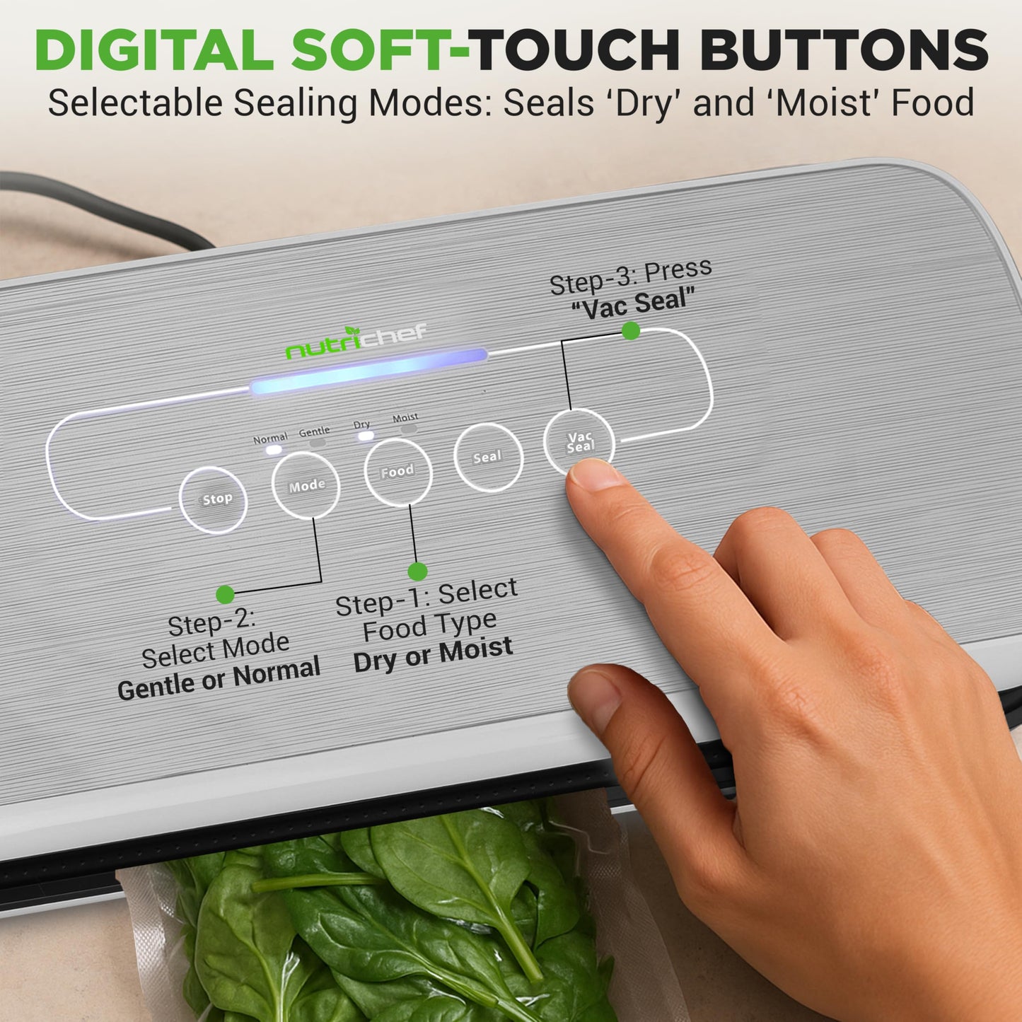 NutriChef Food Vacuum Sealer Machine - Automatic Air Sealing System for Dry & Moist Foods, LED Touch Controls, Includes Vacuum Bags, Hose & Wine Stopper, High Suction Power, 14"x6"x3", Silver