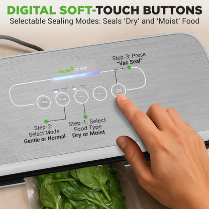 NutriChef Food Vacuum Sealer Machine - Automatic Air Sealing System for Dry & Moist Foods, LED Touch Controls, Includes Vacuum Bags, Hose & Wine Stopper, High Suction Power, 14"x6"x3", Silver