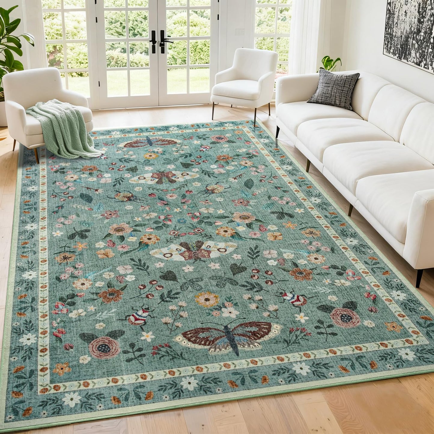 Iplusmall 5x7 Area Rugs for Living Room, Soft Washable Insect Rug for Bedroom, Floral Butterfly Low Pile Modern Carpet Non Slip Thin Large Throw Carpets for Dining Room Kitchen Home Office,Light Green
