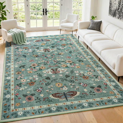 Iplusmall 5x7 Area Rugs for Living Room, Soft Washable Insect Rug for Bedroom, Floral Butterfly Low Pile Modern Carpet Non Slip Thin Large Throw Carpets for Dining Room Kitchen Home Office,Light Green
