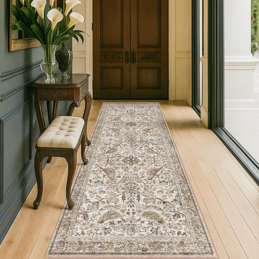 Boho 2'6"x8' Long Kitchen Runner Rugs Non Skid Washable, Stain Resistant Carpet Runners for Hallway 8ft, Low Pile Non Slip Rubber Backing Runner Rug for Kitchen, Traditional Floral Home Décor