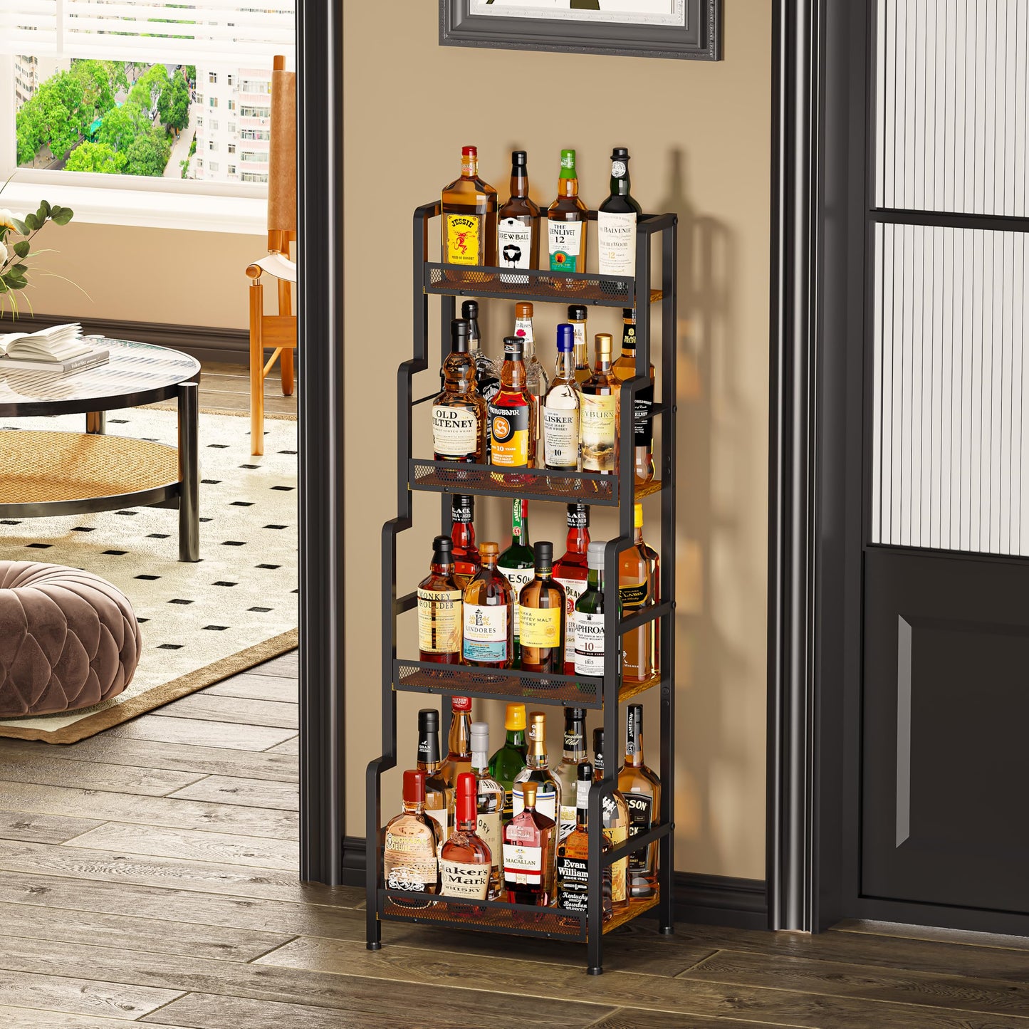 Hayexiha 4-Tier Stepped Freestanding Wine Rack, Large Capacity Liquor Cabinet with Anti-Fall Guardrails and Rounded Corners, Bottle Display Shelf & Mini Bar for Living Room, Home Bar, Kitchen Corner