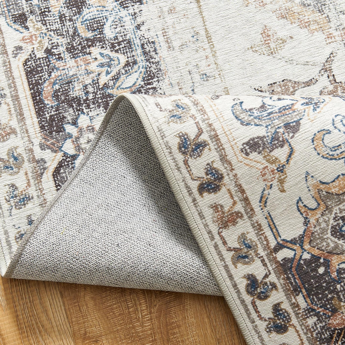 jinchan 4x6 Area Rug Vintage Washable Non-Slip Rug for Living Room Bedroom Dining Room Kitchen Home Office Thin Elegant Retro Lightweight Chenille Rug Blue Grey