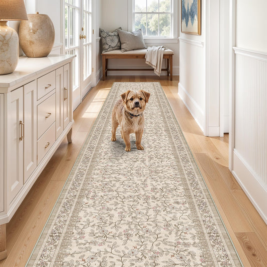 TOPRUUG 2x12 Washable Runner Rug - 12ft Runners for Hallway Non Slip Kitchen Rugs Soft Low Pile Carpet for Bedroom Bathroom Entryway - Stain Resistant Vintage Home Decor (Floral/Beige, 2X12)