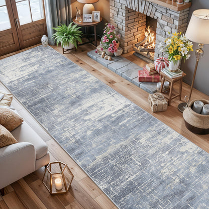 Washable Abstract 14ft Runner Rug: Non-Slip Low-Pile Rug Runner Soft Beside Carpet Indoor Farmhouse Entryway Floor Mat Bathroom Living Room Stain Resistant Area Rugs Cozy Home Decor(2'6x14,Blue/ivory)