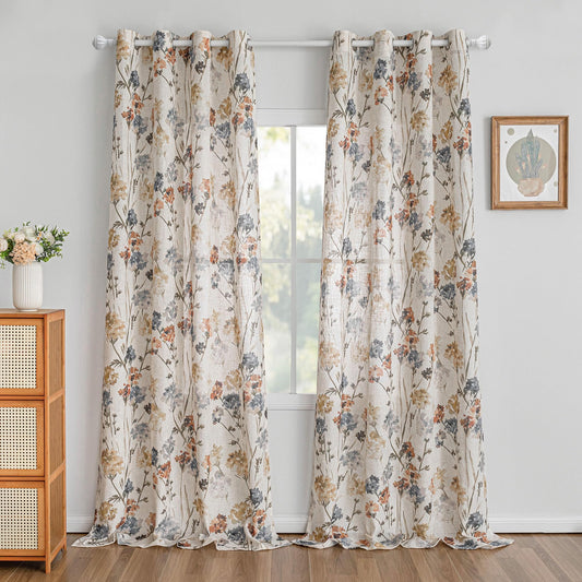 MYSKY HOME Floor to Ceiling Linen Floral Curtains 95 Inch Length 2 Panels Set Semi Sheer Light Filtering Farmhouse Flower Print Patterned Window Grommet Curtains for Living/Dining Room, Yellow, 2 Pcs