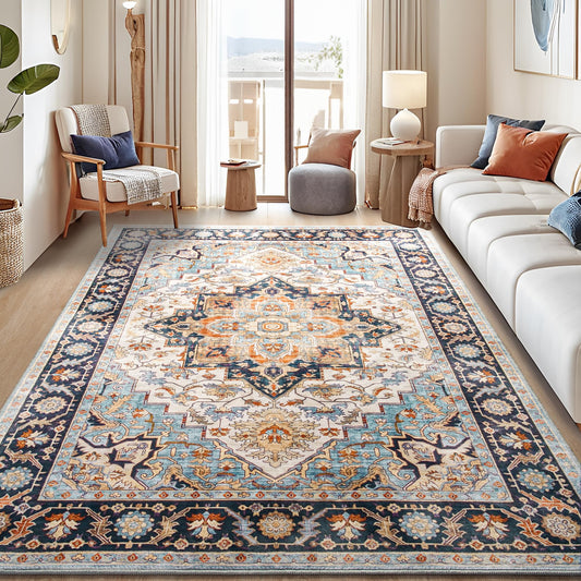 Foxmas 5x7 Area Rugs for Living Room, Machine Washable Vintage Rug, Non-Slip Low Pile Throw Rugs with Rubber Backing Washable Carpet for Bedroom Dining Room Kitchen Home Decor, Wood & Blue