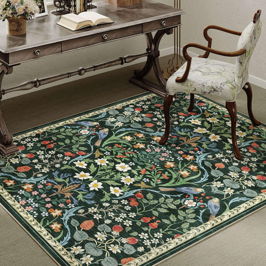 WondRg 4x6 Washable Area Rug for Living Room Green Floral Vintage Non Slip Low Pile Thin Rug Soft Lightweight Stain Resistance Carpet Kitchen Bathroom Entryway Laundry Room Nursery Home Decor